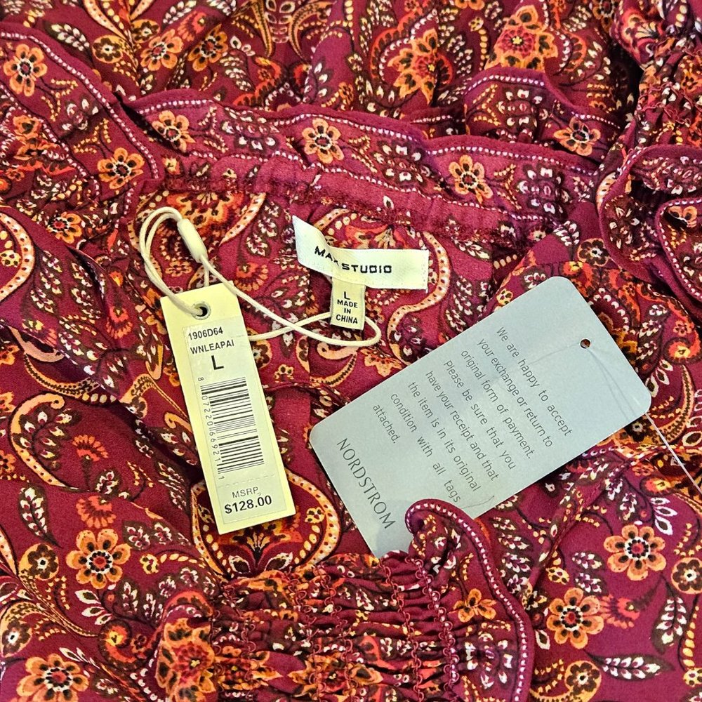 NWT!!! MAX STUDIO, Boho burgundy long sleeve floral pattern dress, size: large - Picture 15 of 15